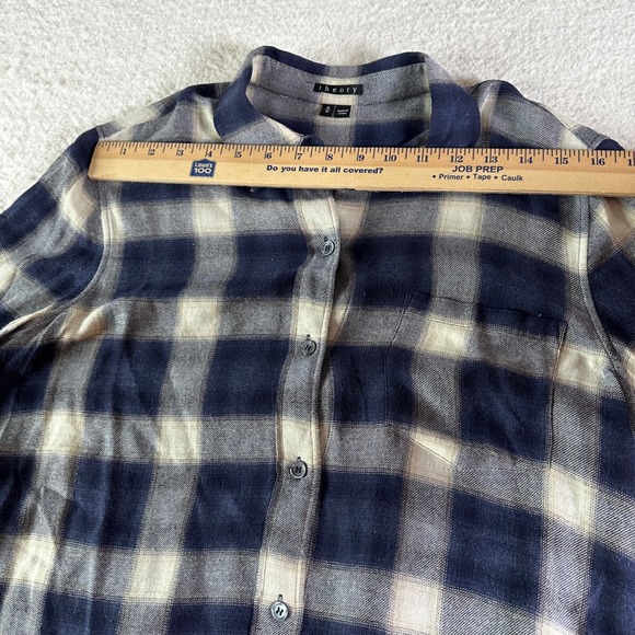 Theory Simara Wool Blend Plaid Button Down Shirt Navy Long Sleeve Women's Size M - Picture 11 of 14